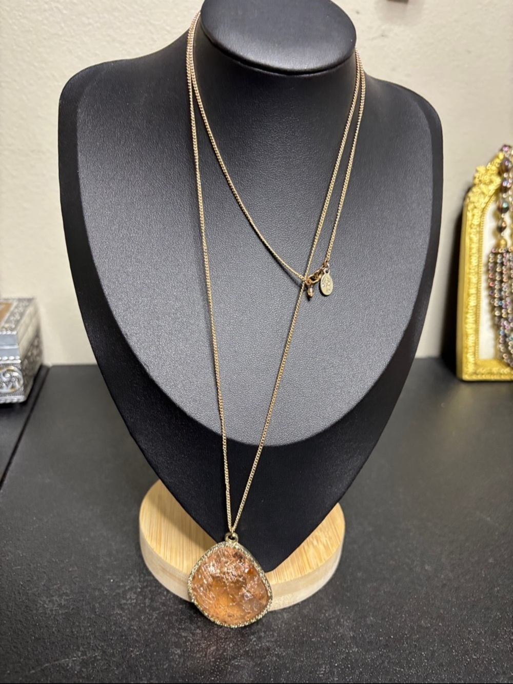 Loft Gold-Tone Orange Crackle Pendant Long Necklace